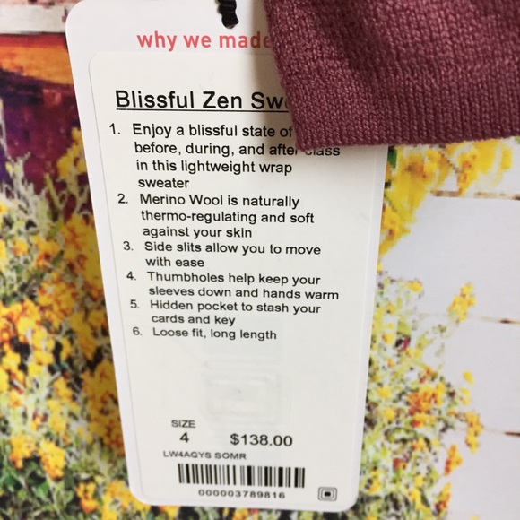 NWT SO MERLOT LULULEMON BLISSFUL ZEN SWEATER SLITS - Picture 5 of 8